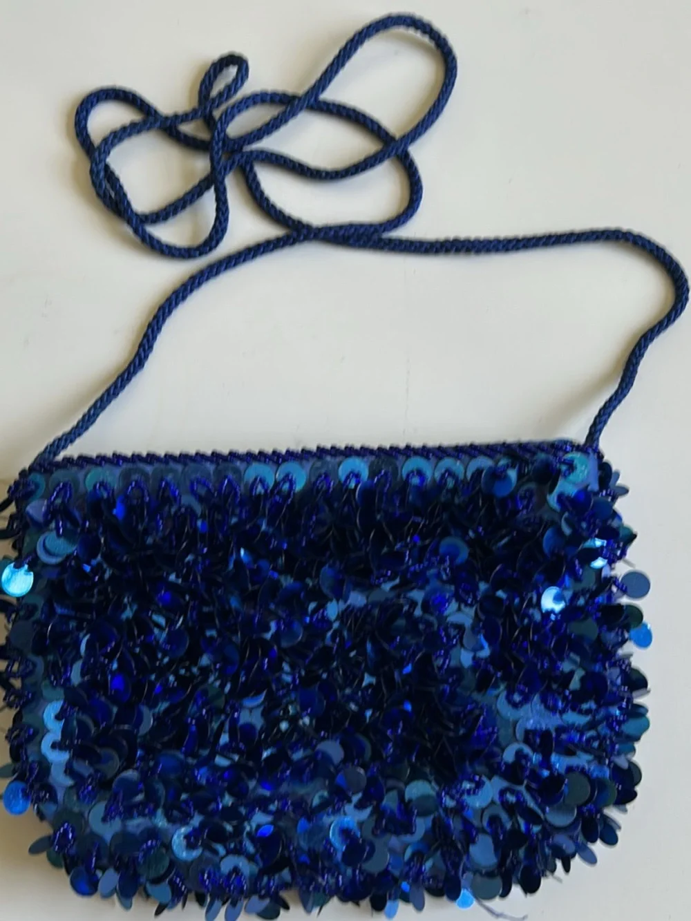 Blue Sequin Evening Clutch with Braided Strap